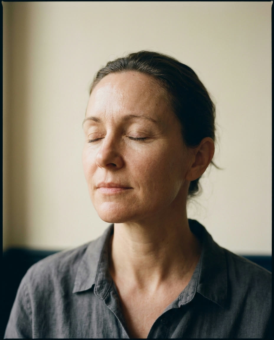 A woman in her forties, eyes closed, exhaling in soft daylight